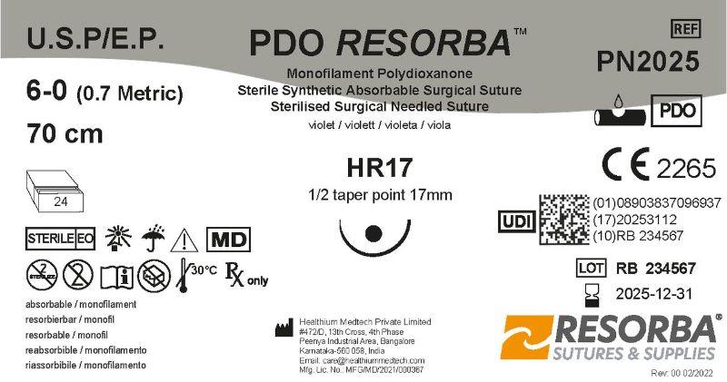 ПДО Ресорба USP6-0 фіолетовий, довжина 70см, колюча голка 17 мм, 1/2 кола